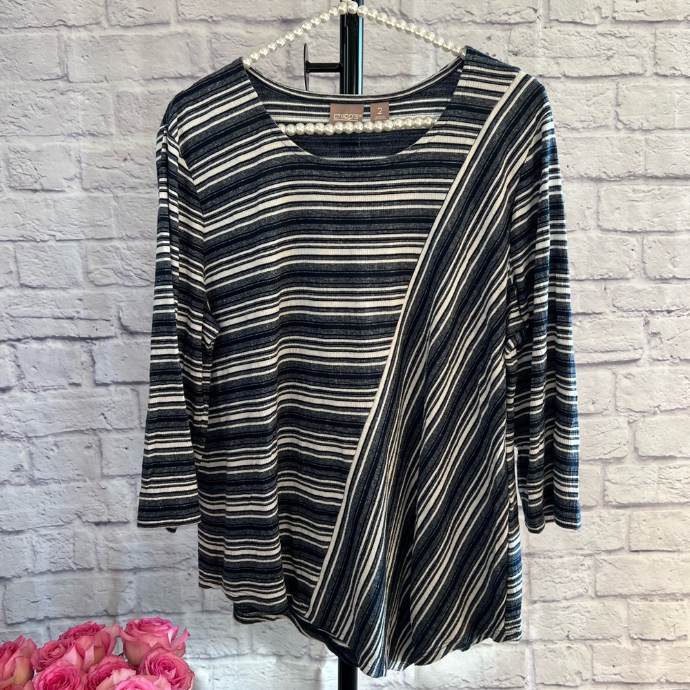 Chico’s Blue & White Geometric Stripes Asymmetrical Blouse - Size 2 (Large)